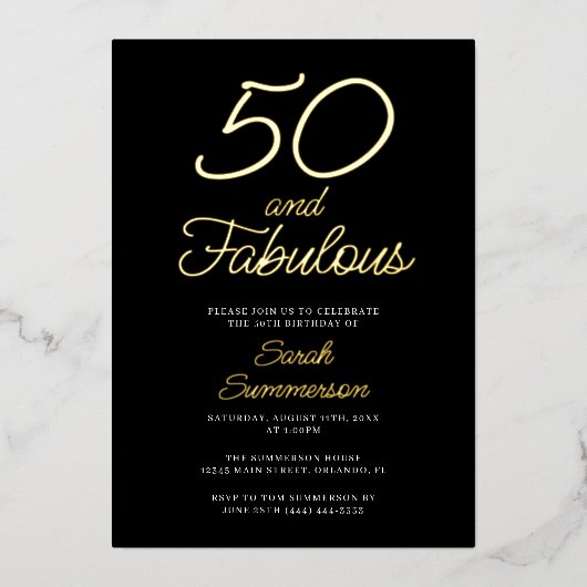 Minimal Fifty Fabulous Black 50th Birthday Party Folieneinladung (Vorderseite)