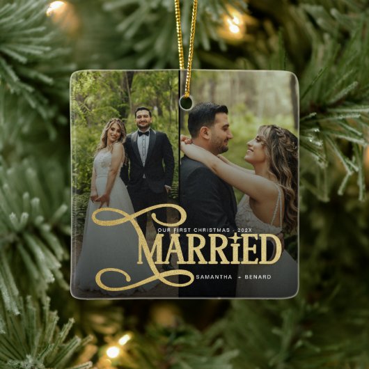 Minimal First Christmas Married Couples 2 Photos Keramikornament (Baum)