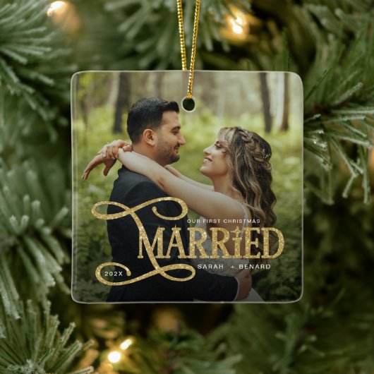 Minimal First Christmas Married Couples 2 Photos Keramikornament (Baum)