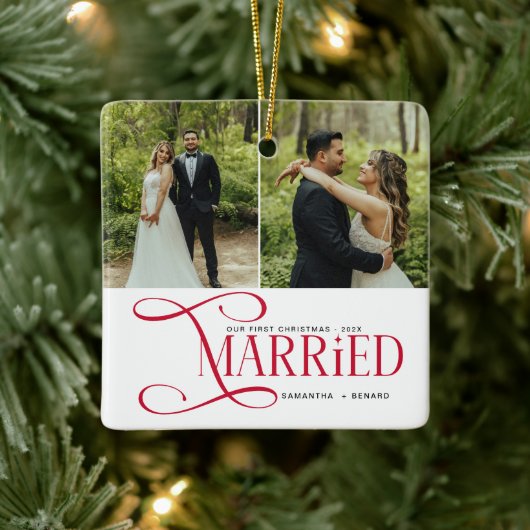 Minimal First Christmas Married Couples 2 Photos Keramikornament (Baum)