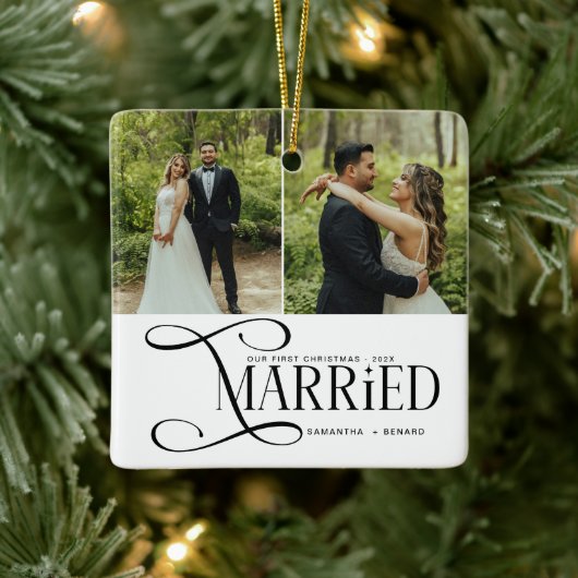 Minimal First Christmas Married Couples 2 Photos Keramikornament (Baum)