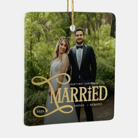 Minimal First Christmas Married Couples 2 Photos Keramikornament (Rechts)