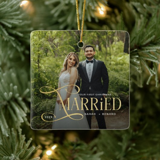 Minimal First Christmas Married Couples 2 Photos Keramikornament (Baum)