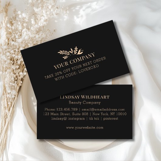 Minimal Floral Black Botanical Salon Discount Card Rabattkarte