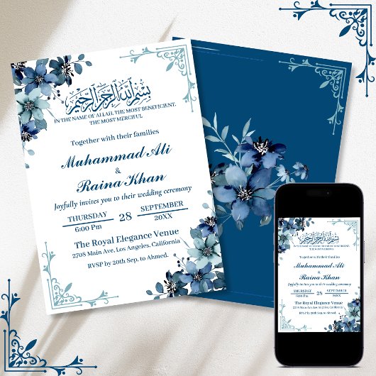 Minimal Floral Blue Bismillah Wedding Einladung