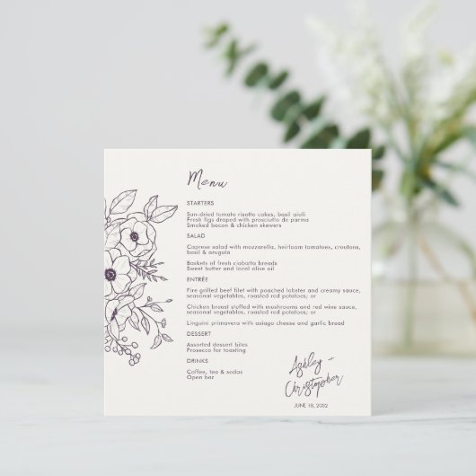 Minimal floral Bo Eggplant Lila auf White Wedding Menükarte (Stehend Vorderseite)