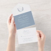 Minimal floral Dusty Blue Wappen Monogram Wedding All In One Einladung (Abreißen)