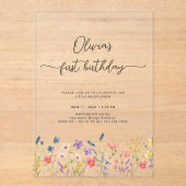 Minimal Floral First Birthday Acrylic Invitation Acryleinladungen (Vorderseite)