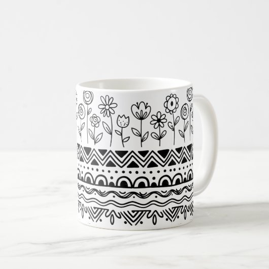 Minimal Floral Folk Pattern Mug – Boho Line Art  Kaffeetasse (VorderseiteRechts)