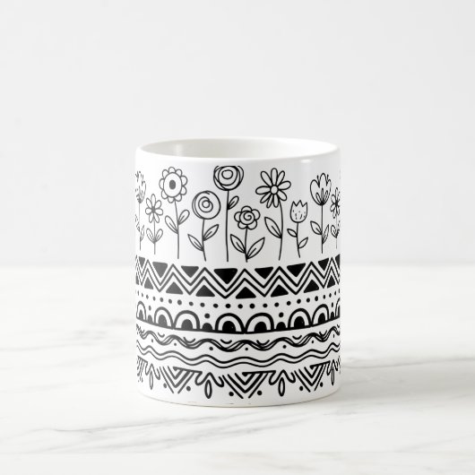 Minimal Floral Folk Pattern Mug – Boho Line Art Kaffeetasse (Mittel)
