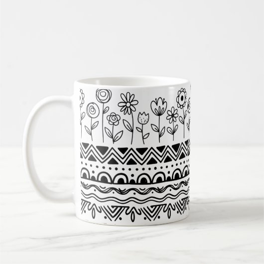 Minimal Floral Folk Pattern Mug – Boho Line Art  Kaffeetasse (Links)