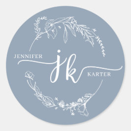 Minimal floral Wreath Dusty Blue Monogram Wedding Runder Aufkleber