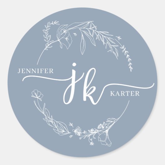 Minimal floral Wreath Dusty Blue Monogram Wedding Runder Aufkleber (Vorderseite)