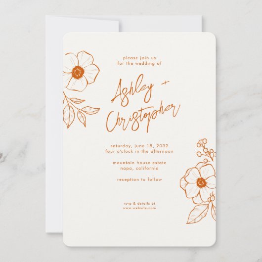 Minimal florale Botanische Orange All-in-One Hochz Einladung (Vorderseite)