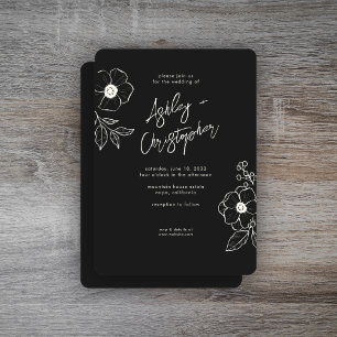 Minimal florale botanische Schwarznoir-Hochzeit Einladung