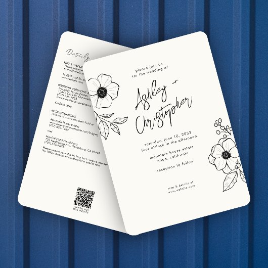 Minimal florale Botanische White All-in-One Hochze Einladung