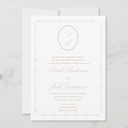 Minimal florale Monogramm des Lavenders Elegant Einladung (Vorderseite)