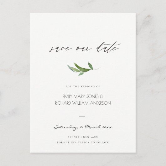 MINIMAL FOLIAGE GREENEREY WATERCOLOR SAVE THE DATE ANKÜNDIGUNGSPOSTKARTE (Vorderseite)