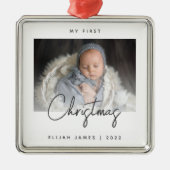 Minimal Foto Baby's First Christmas Gray Script Ornament Aus Metall (Vorne)