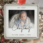 Minimal Foto Baby's First Christmas Gray Script Ornament Aus Metall