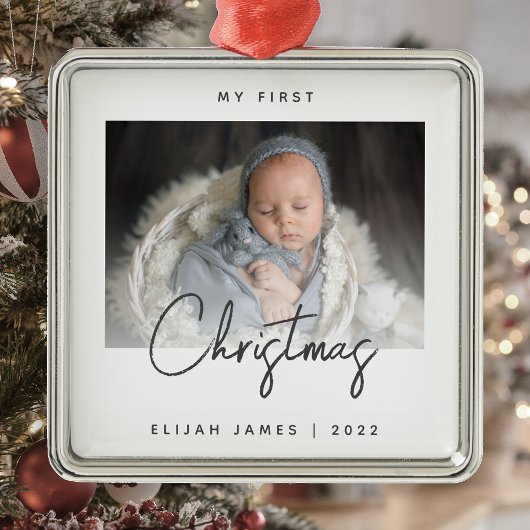 Minimal Foto Baby's First Christmas Gray Script Ornament Aus Metall