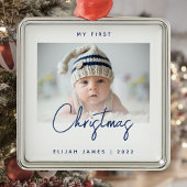 Minimal Foto Baby's First Christmas Navy Blue Ornament Aus Metall