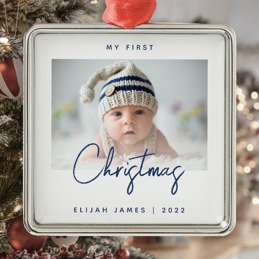 Minimal Foto Baby's First Christmas Navy Blue Ornament Aus Metall