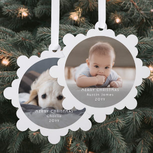 Minimal Foto Overlay White Text Frohe Weihnachten Ornament Karte