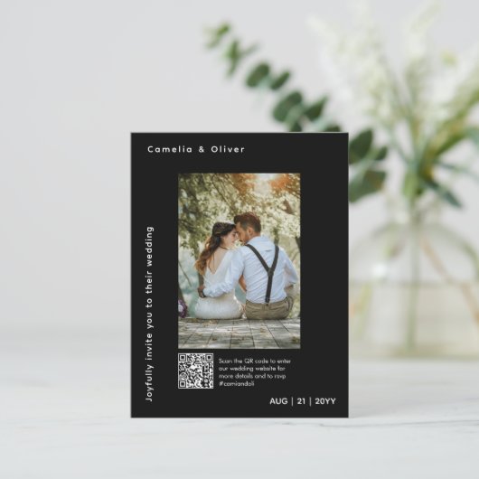 MINIMAL Foto Save the Date QR CODE Budget Schwarz Postkarte (Stehend Vorderseite)
