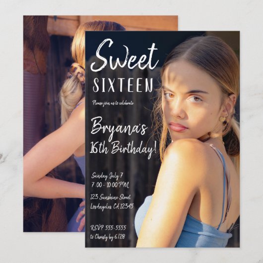 Minimal Foto Trendy Chic Sweet 16 Party Invitati Einladung (Vorne/Hinten)