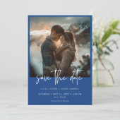 Minimal Französisch Blue Modern Foto Hochzeit Save The Date (Stehend Vorderseite)