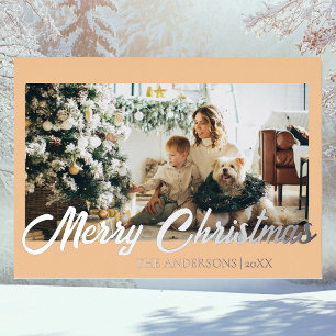 Minimal frohe Weihnachten warm Peach Foto Familie Folien Feiertagskarte