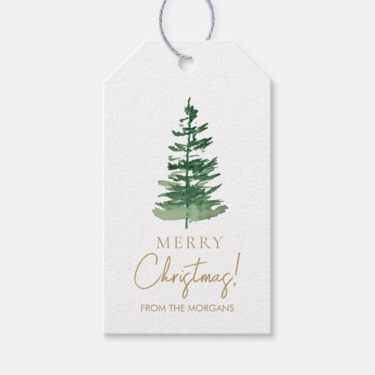 Minimal frohe Weihnachten Wasserfarben Pine Custom Geschenkanhänger (Vorderseite)