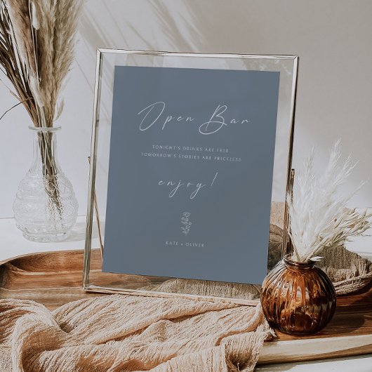 Minimal Funny Dusty Blue Wedding Open Bar Sign Poster