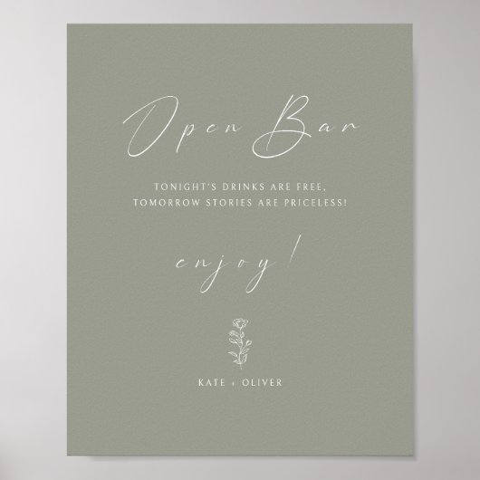 Minimal Funny Sage Green Wedding Open Bar Sign Poster (Vorne)