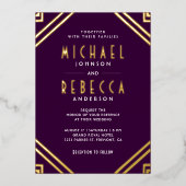 Minimal Geometrische Art Deco Hochzeit Lila Gold Folieneinladung (Vorderseite)