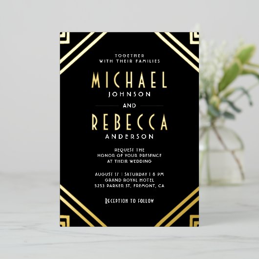 Minimal Geometrische Art Deco Hochzeit Schwarzes G Folieneinladung (Stehend vorne)