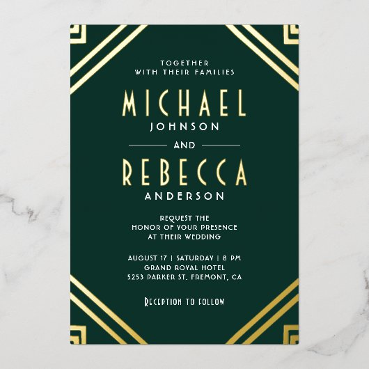 Minimal Geometrische Art Deco Wedding Emerald Gold Folieneinladung (Vorderseite)