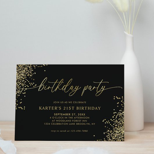 Minimal Glam Black Gold Confetti Erwachsene Geburt Einladung