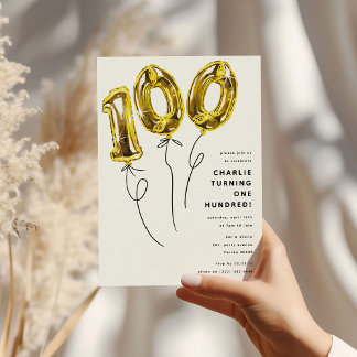 Minimal Gold 100 Balloon 100. Geburtstagsparty Einladung