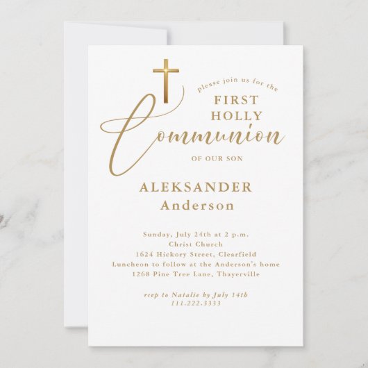 Minimal Gold Cross Kalligraphie erste Kommune Einladung (Vorderseite)