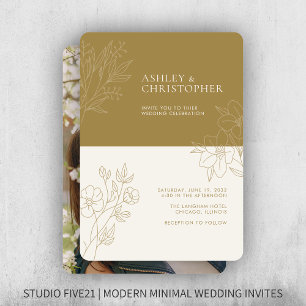 Minimal Gold Foliage Kontur Foto Hochzeit Einladung