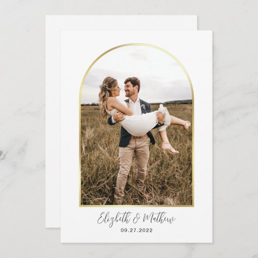 Minimal Gold Foto Arch Script Typografy Wedding Einladung (Vorne/Hinten)