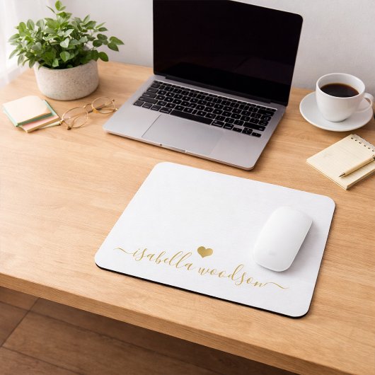 Minimal Gold Heart Script Signature Name  Mousepad