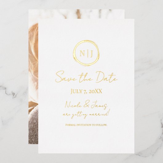 Minimal Gold Modern Glam Save the Date Foto Foil Folieneinladung (Vorderseite/Rückseite)