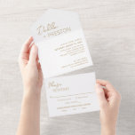 Minimal Gold Moderne Hochzeit All In One Einladung<br><div class="desc">Moderne Imitate vergolden alles in einer Hochzeitseinladung mit einem schlichten und minimalen Design mit dem Namen der Braut in einem eleganten Drehbuch und dem Namen des Bräutigams in einem zeitgenössischen serifenlosen Schriftart. Unten unten rechts finden Sie Ihre Veranstaltungsdetails in minimalistischem Layout.</div>