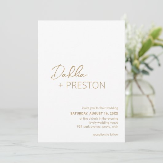 Minimal Gold Moderne Hochzeit Einladung (Stehend Vorderseite)