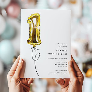 Minimal Gold One Ballon 1. Geburtstag Party Einladung