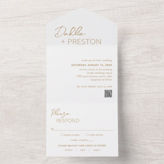 Minimal Gold QR Code Moderne Hochzeit All In One Einladung (Innen Boden)