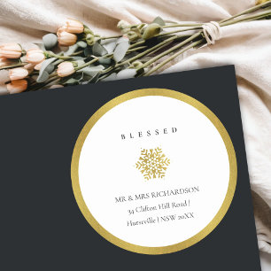 Minimal Gold Snowflake Selig Weihnachtsadresse Runder Aufkleber